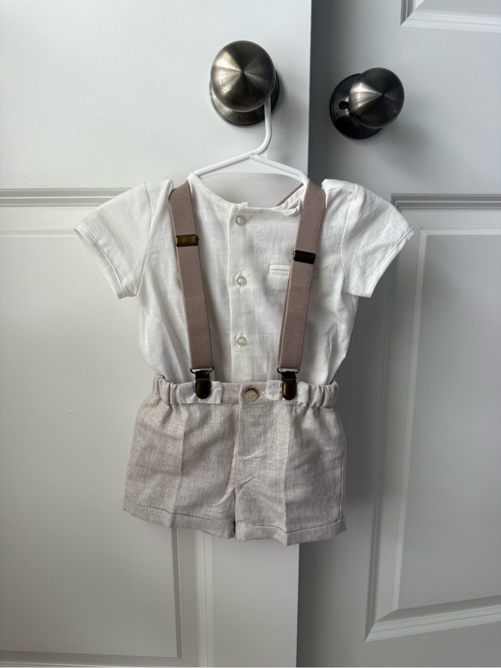 Mayoral White Linen Outfit with Tan Suspenders
